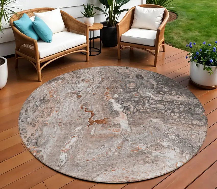 Terra Cotta Round Abstract Washable Non Skid Indoor Outdoor Area Rug Photo 1