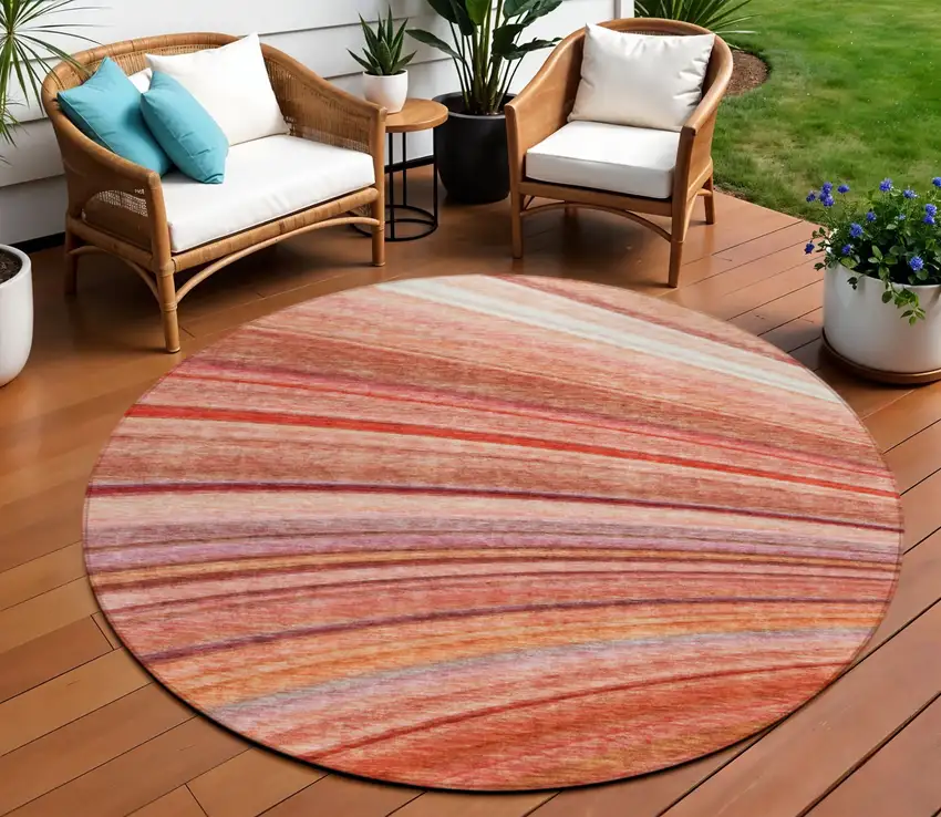 Terra Cotta Round Striped Washable Non Skid Indoor Outdoor Area Rug Photo 1