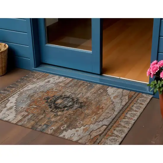 Terra Cotta Rust And Gray Tribal Washable Indoor Outdoor Area Rug Photo 2