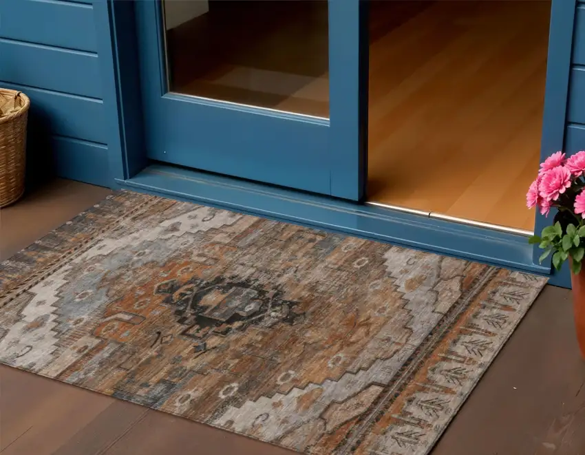 Terra Cotta Rust And Gray Tribal Washable Indoor Outdoor Area Rug Photo 2