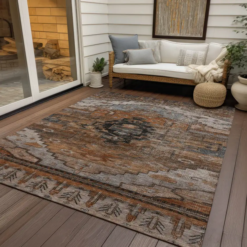 Terra Cotta Rust And Gray Tribal Washable Indoor Outdoor Area Rug Photo 6
