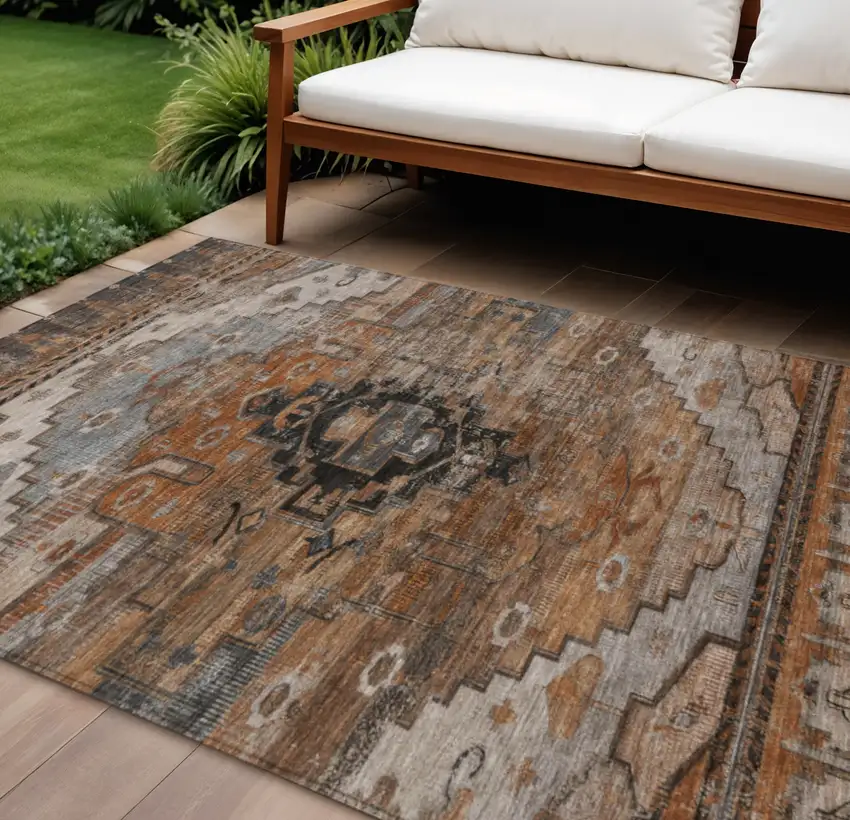 Terra Cotta Rust And Gray Tribal Washable Indoor Outdoor Area Rug Photo 2
