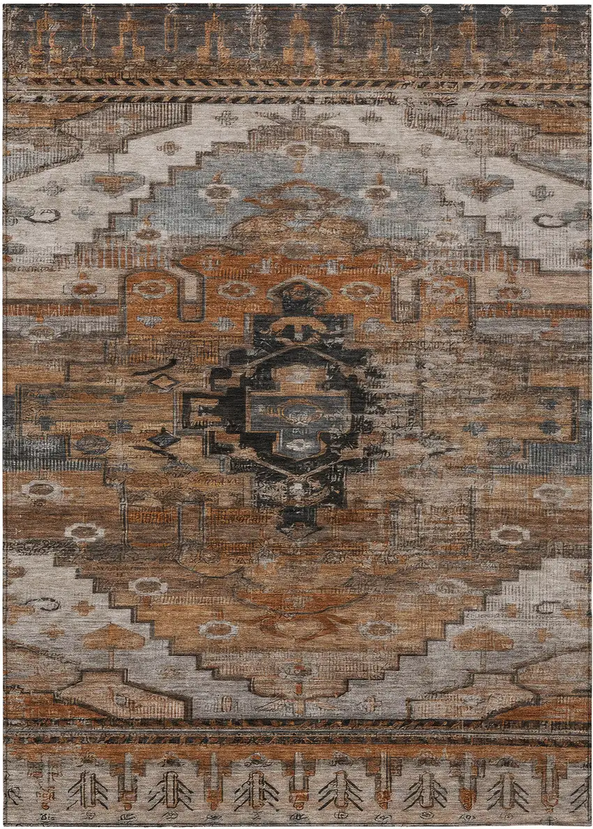 Terra Cotta Rust And Gray Tribal Washable Indoor Outdoor Area Rug Photo 1