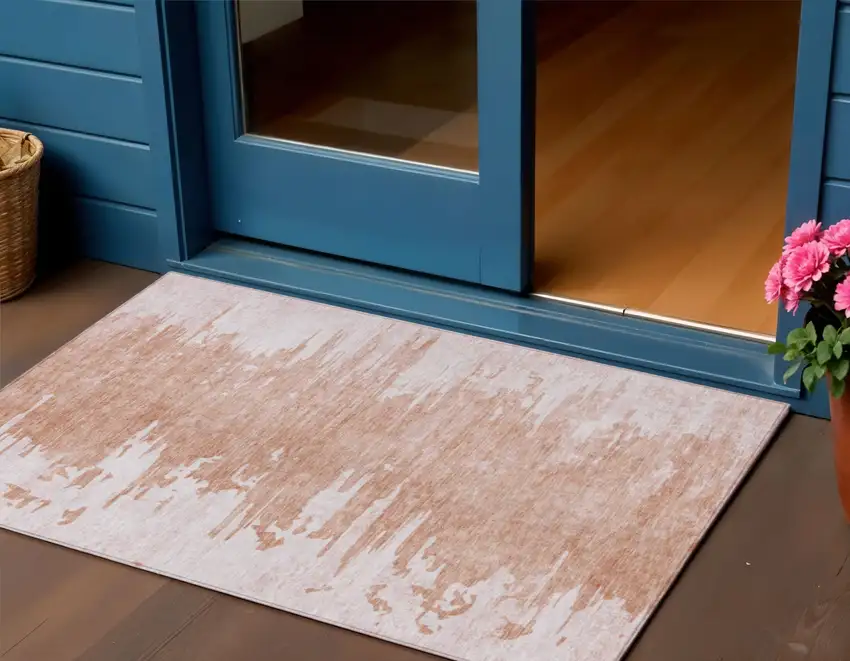 Terra Cotta Salmon And Copper Abstract Washable Indoor Outdoor Area Rug Photo 1