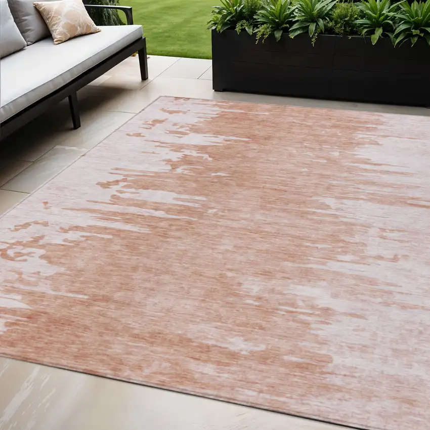 Terra Cotta Salmon And Copper Abstract Washable Indoor Outdoor Area Rug Photo 1