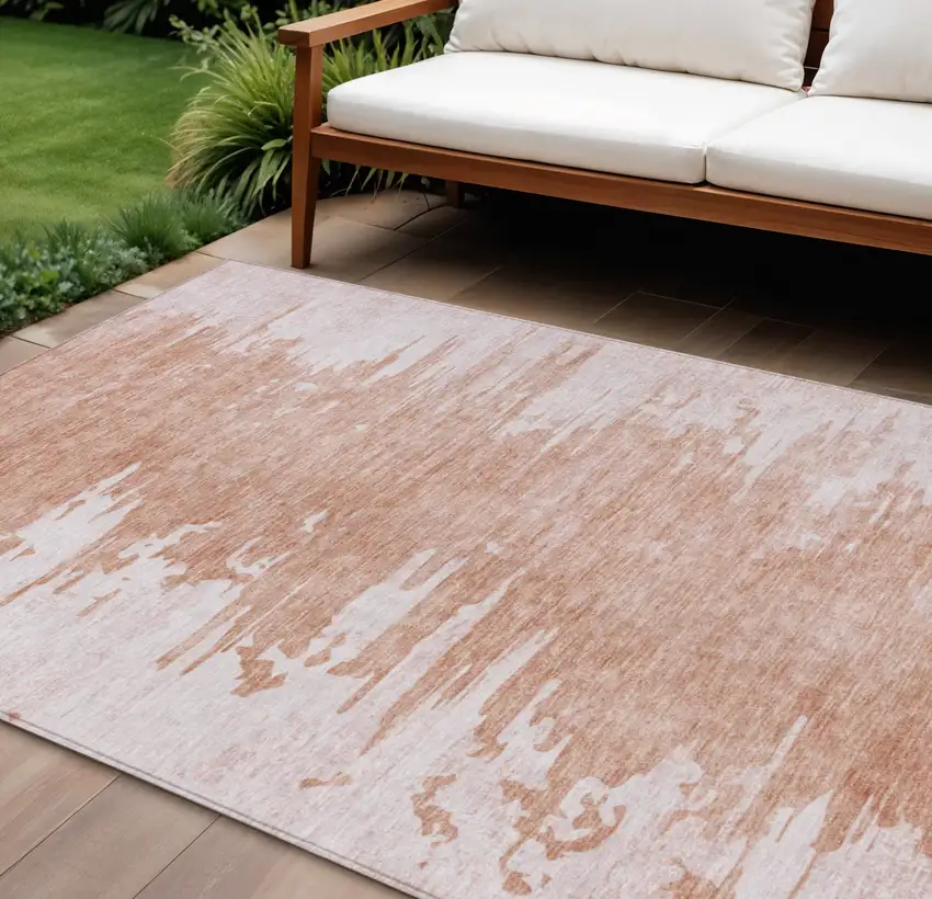 Terra Cotta Salmon And Copper Abstract Washable Indoor Outdoor Area Rug Photo 1