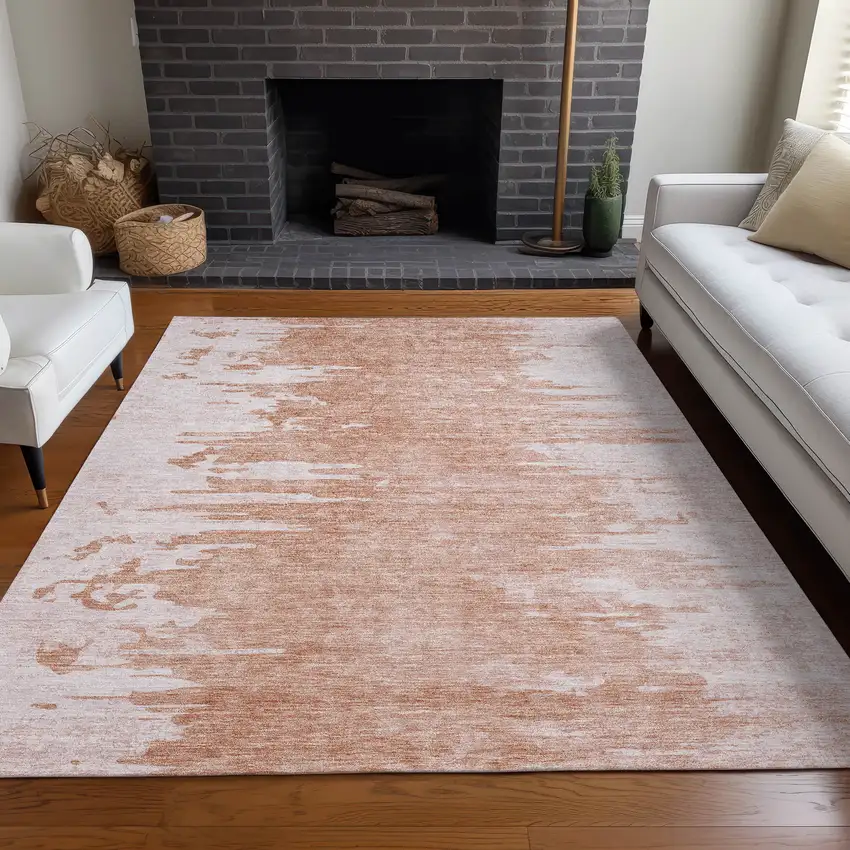 Terra Cotta Salmon And Copper Abstract Washable Indoor Outdoor Area Rug Photo 7