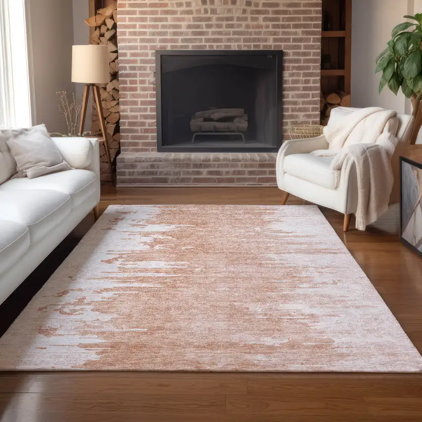 Terra Cotta Salmon And Copper Abstract Washable Indoor Outdoor Area Rug Photo 8