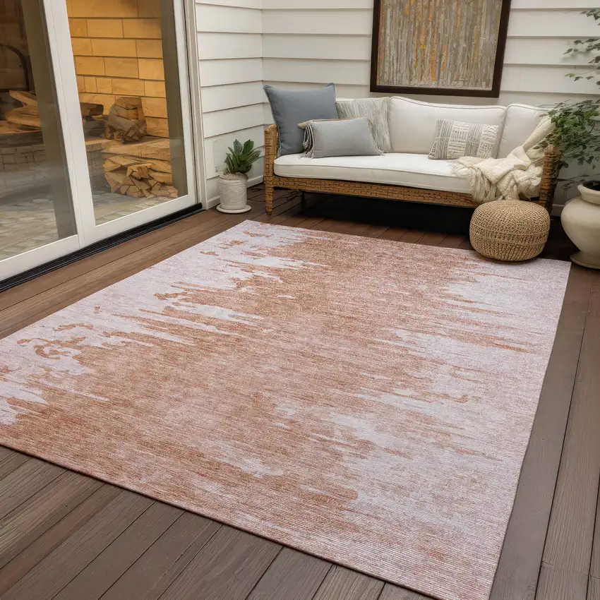 Terra Cotta Salmon And Copper Abstract Washable Indoor Outdoor Area Rug Photo 6