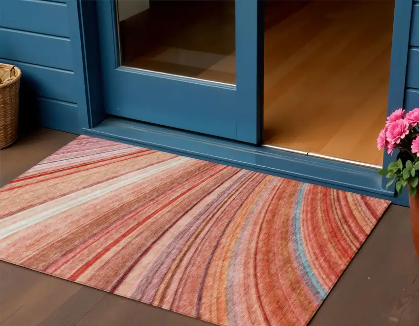 Terra Cotta Striped Washable Non Skid Indoor Outdoor Area Rug Photo 1