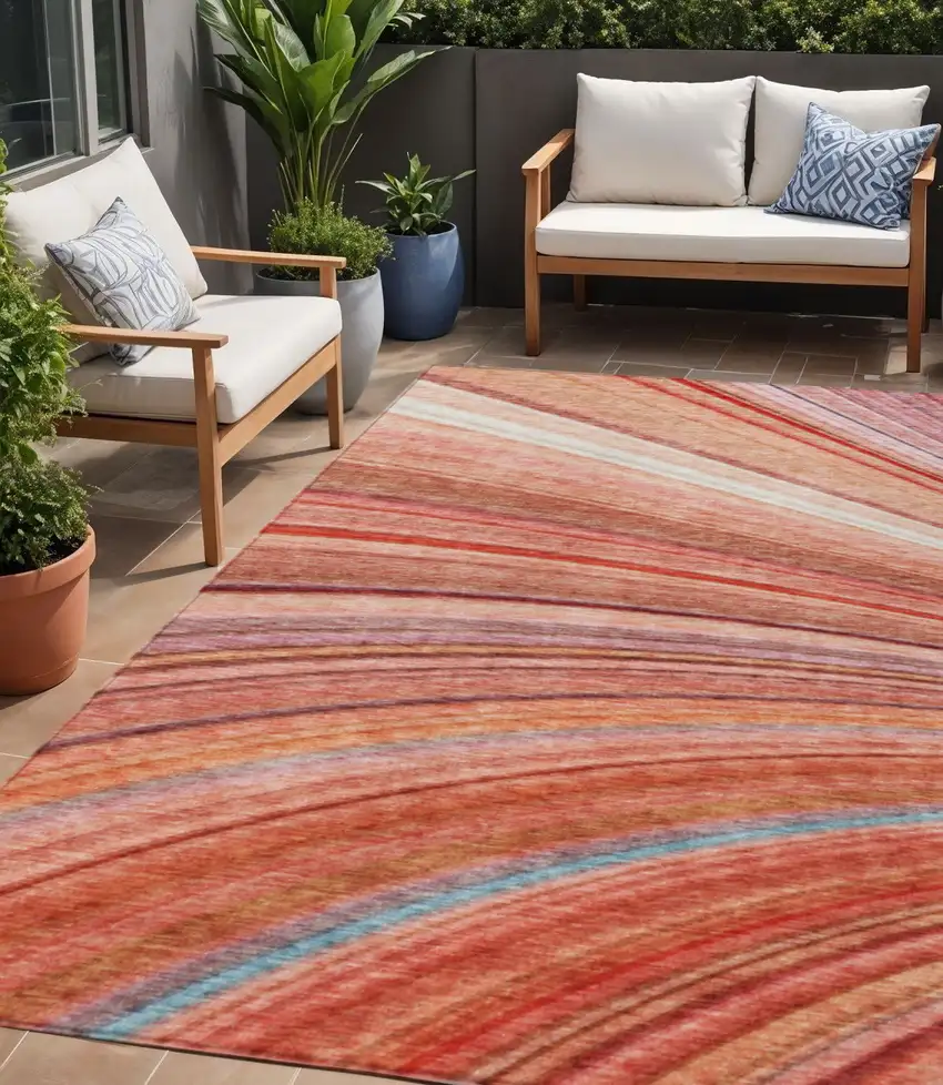 Terra Cotta Striped Washable Non Skid Indoor Outdoor Area Rug Photo 1