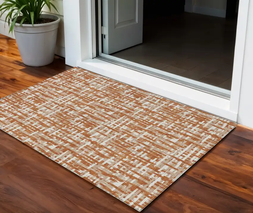 Terra Cotta Tan And Ivory Abstract Washable Indoor Outdoor Area Rug Photo 1