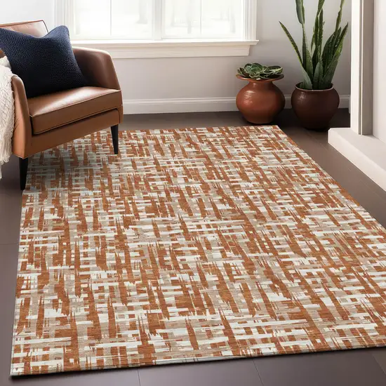 Terra Cotta Tan And Ivory Abstract Washable Indoor Outdoor Area Rug Photo 9