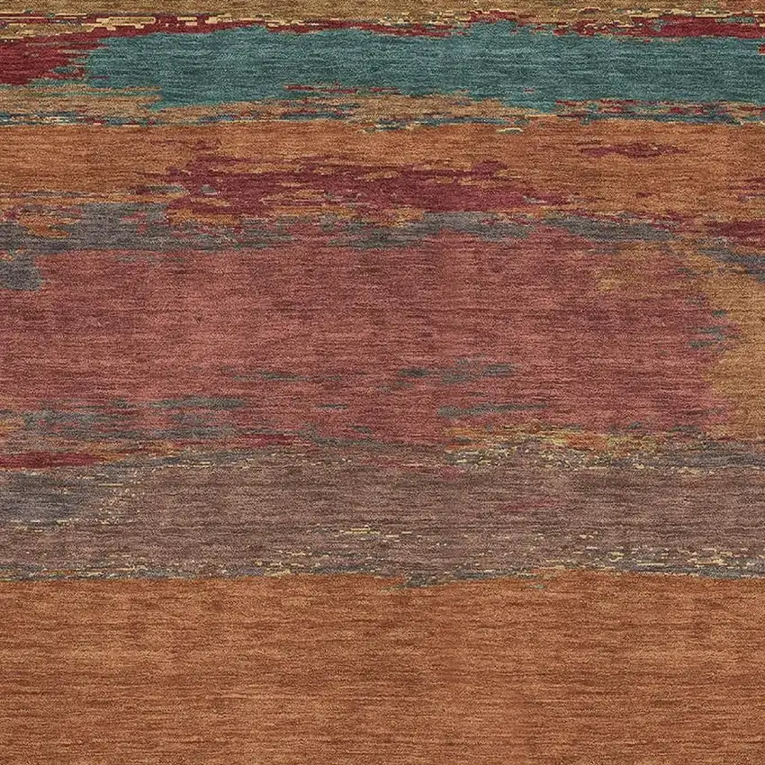 Terra Cotta Teal And Green Abstract Washable Area Rug With UV Protection Photo 3