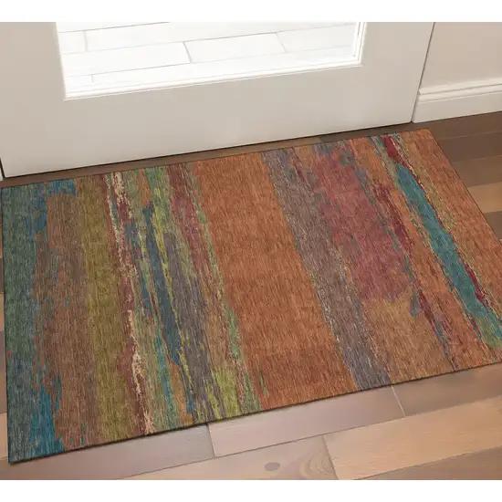 Terra Cotta Teal And Green Abstract Washable Area Rug With UV Protection Photo 1