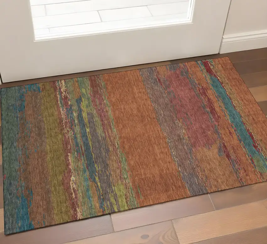 Terra Cotta Teal And Green Abstract Washable Area Rug With UV Protection Photo 1