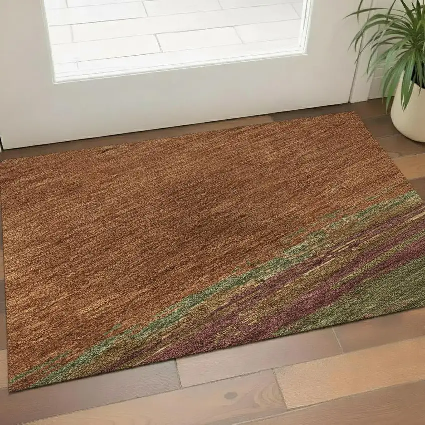 Terra Cotta Teal And Green Abstract Washable Area Rug With UV Protection Photo 2