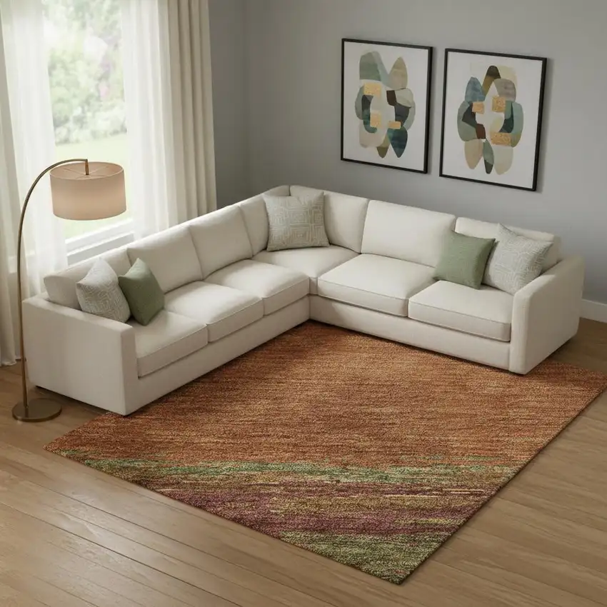 Terra Cotta Teal And Green Abstract Washable Area Rug With UV Protection Photo 2