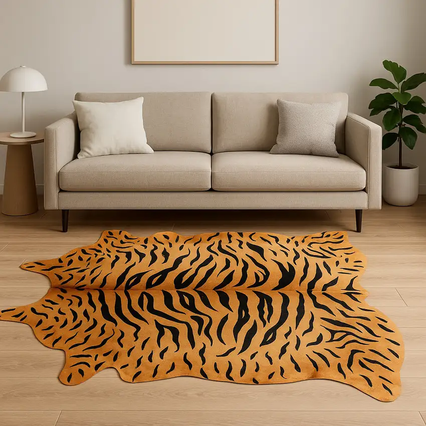 Brown And Black Cowhide Tiger Print Area Rug Photo 1