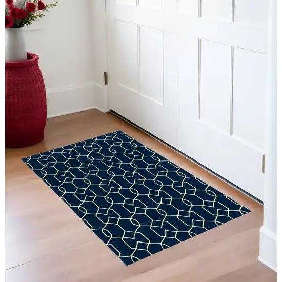 Navy Blue And Ivory Geometric Hand Hooked Area Rug Photo 1