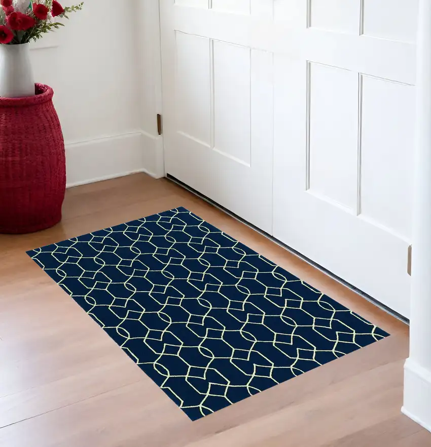 Navy Blue And Ivory Geometric Hand Hooked Area Rug Photo 1