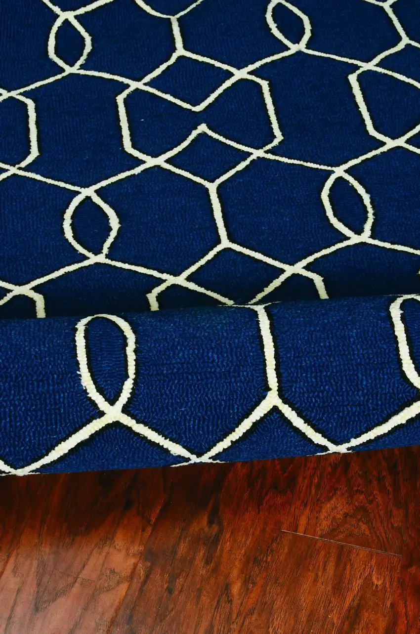 Navy Blue And Ivory Geometric Hand Hooked Area Rug Photo 5