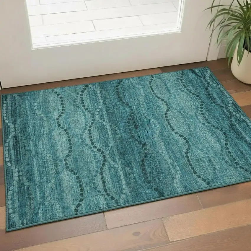 Turquoise And Aqua Abstract Geometric Washable Area Rug With UV Protection Photo 2