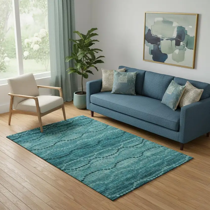 Turquoise And Aqua Abstract Geometric Washable Area Rug With UV Protection Photo 2