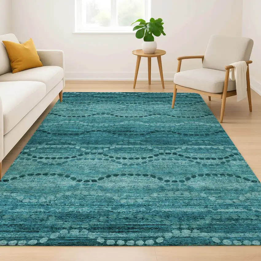 Turquoise And Aqua Abstract Geometric Washable Area Rug With UV Protection Photo 6