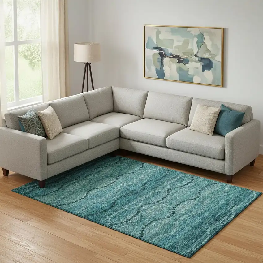 Turquoise And Aqua Abstract Geometric Washable Area Rug With UV Protection Photo 2