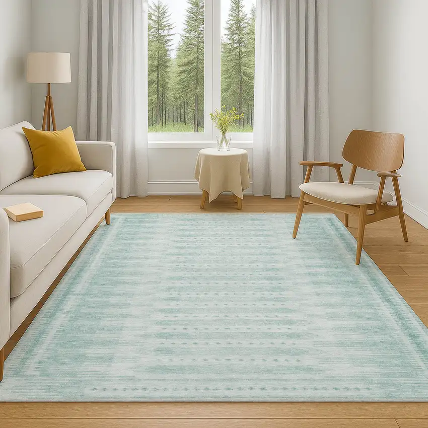 Turquoise And Aqua Geometric Washable Area Rug With UV Protection Photo 6