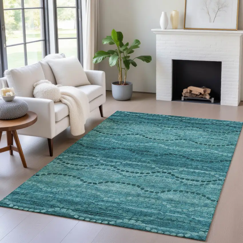Turquoise And Aqua Ogee Washable Indoor Outdoor Area Rug Photo 6