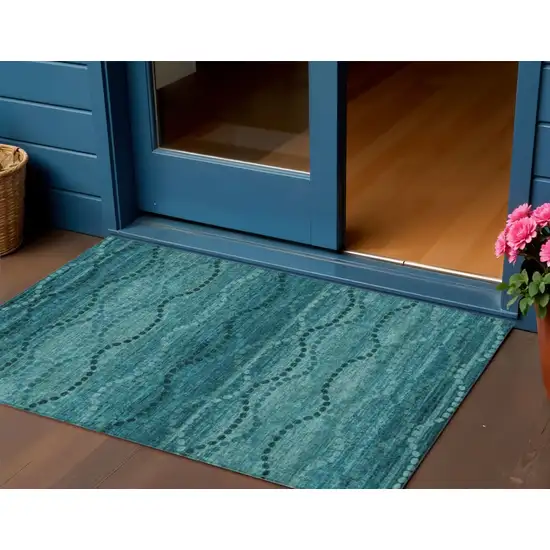 Turquoise And Aqua Ogee Washable Indoor Outdoor Area Rug Photo 2