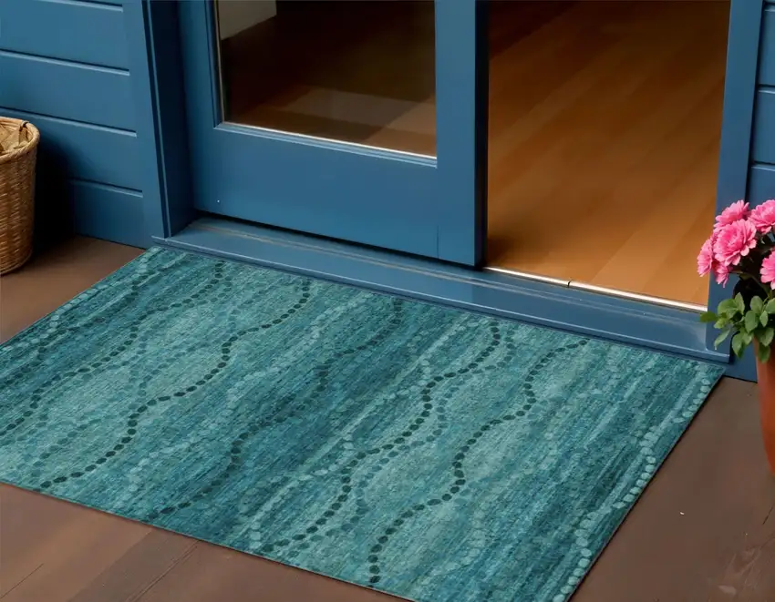 Turquoise And Aqua Ogee Washable Indoor Outdoor Area Rug Photo 2