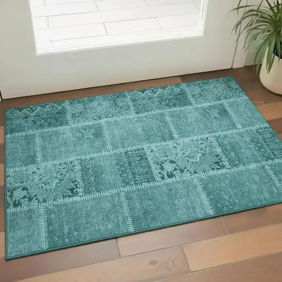 Turquoise And Aqua Patchwork Washable Area Rug With UV Protection Photo 1