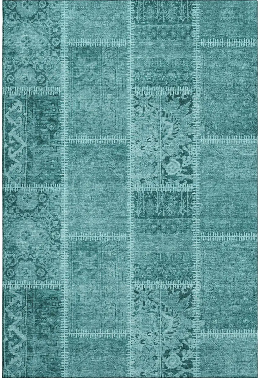 Turquoise And Aqua Patchwork Washable Area Rug With UV Protection Photo 1
