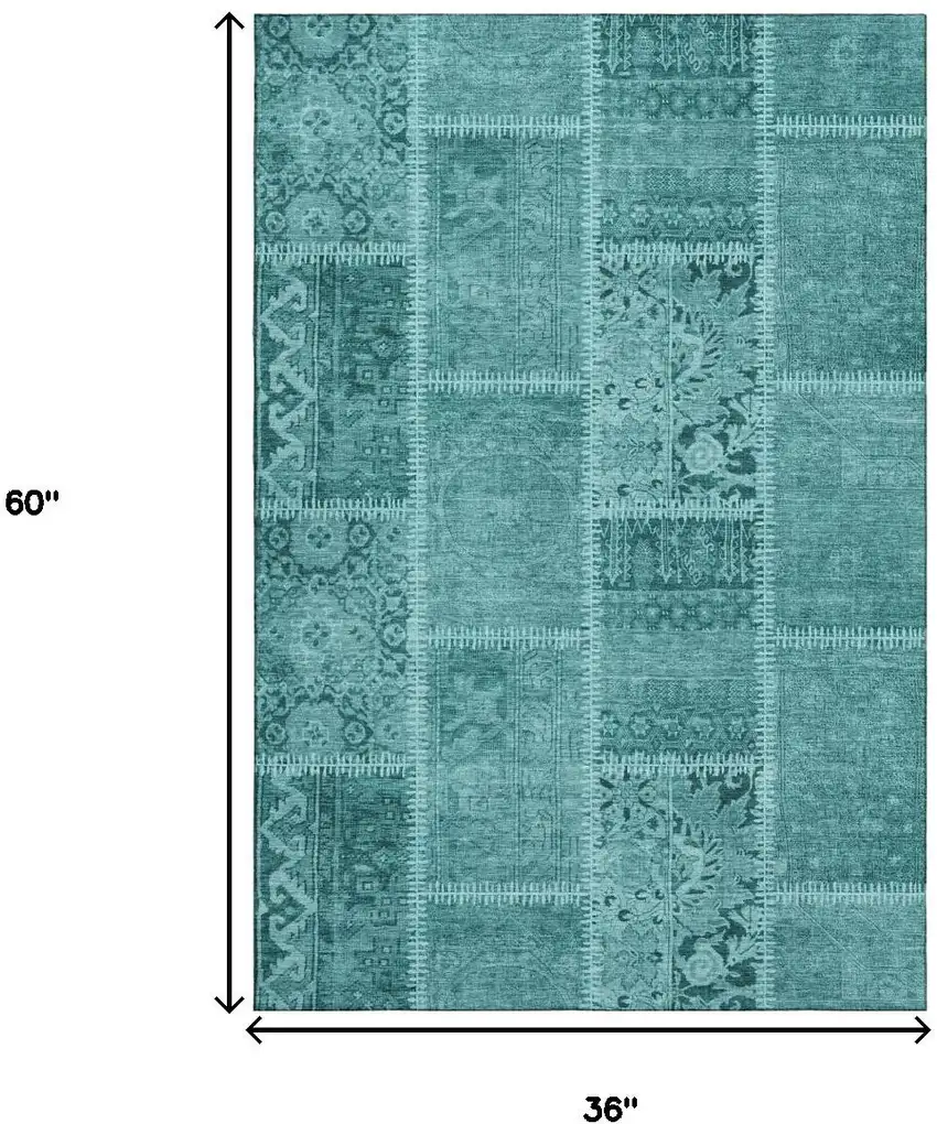 Turquoise And Aqua Patchwork Washable Area Rug With UV Protection Photo 3