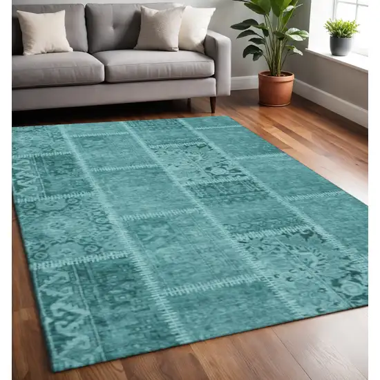 Turquoise And Aqua Patchwork Washable Area Rug With UV Protection Photo 2