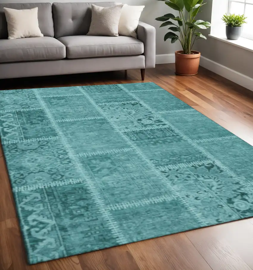 Turquoise And Aqua Patchwork Washable Area Rug With UV Protection Photo 2