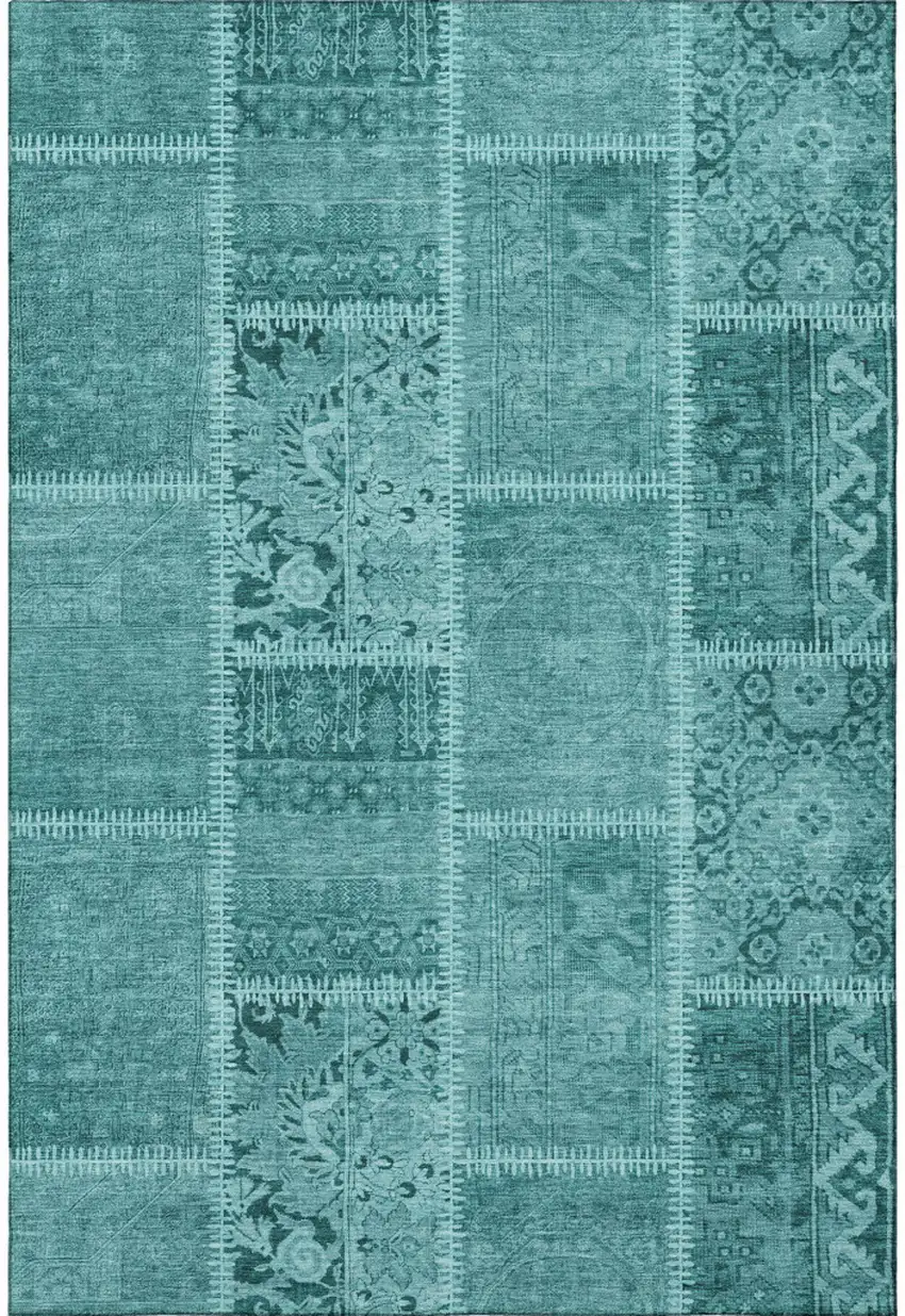 Turquoise And Aqua Patchwork Washable Area Rug With UV Protection Photo 3