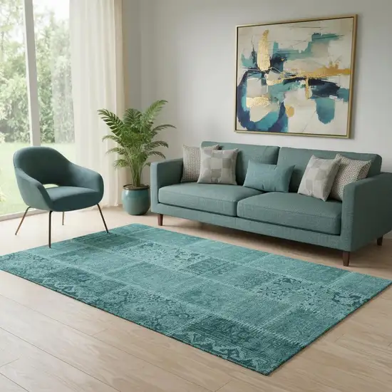 Turquoise And Aqua Patchwork Washable Area Rug With UV Protection Photo 1