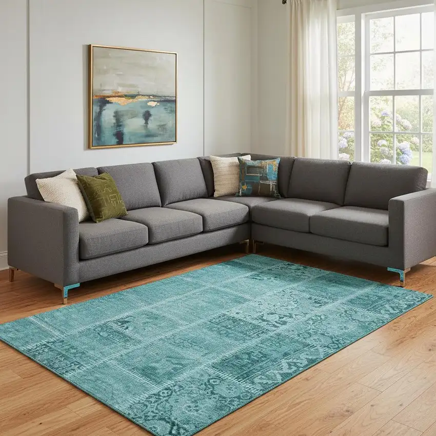 Turquoise And Aqua Patchwork Washable Area Rug With UV Protection Photo 1