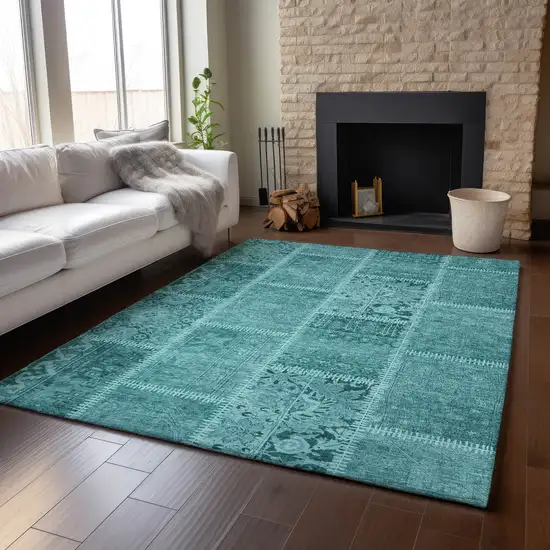 Turquoise And Aqua Patchwork Washable Area Rug With UV Protection Photo 6