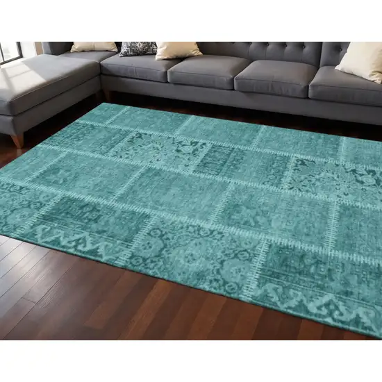 Turquoise And Aqua Patchwork Washable Area Rug With UV Protection Photo 2