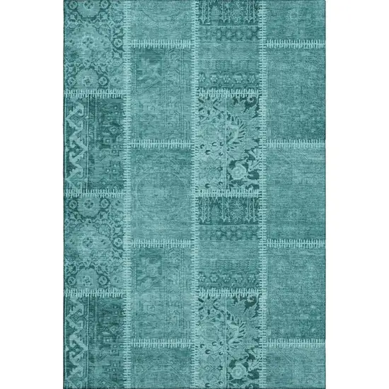 Turquoise And Aqua Patchwork Washable Area Rug With UV Protection Photo 1