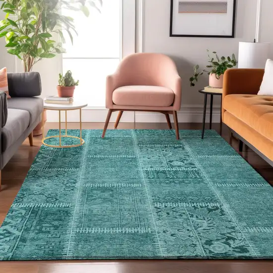 Turquoise And Aqua Patchwork Washable Area Rug With UV Protection Photo 5