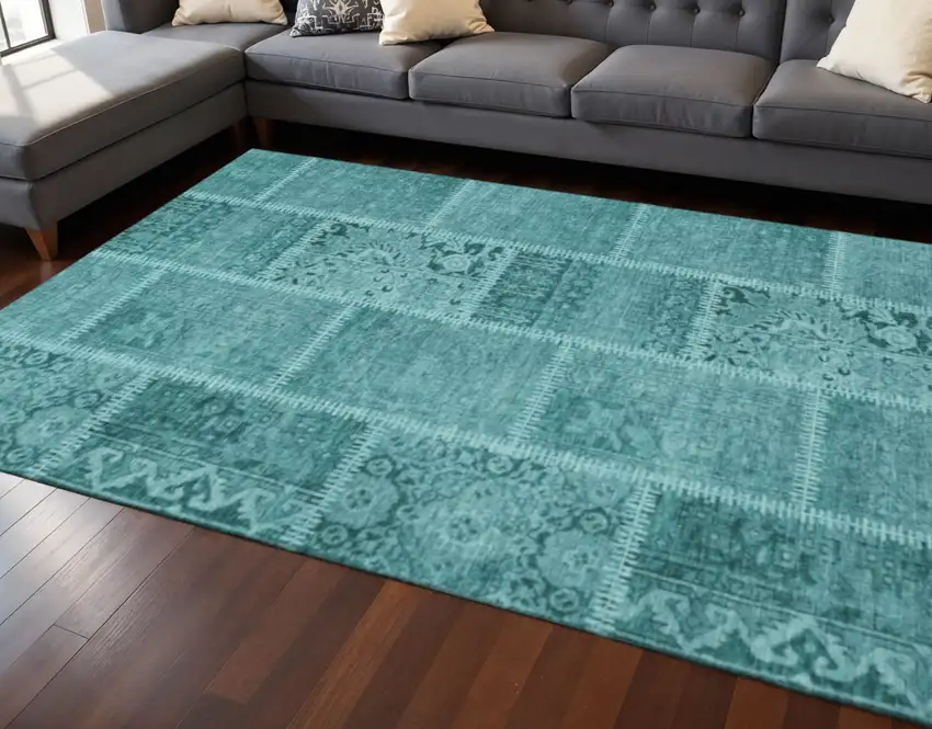 Turquoise And Aqua Patchwork Washable Area Rug With UV Protection Photo 2