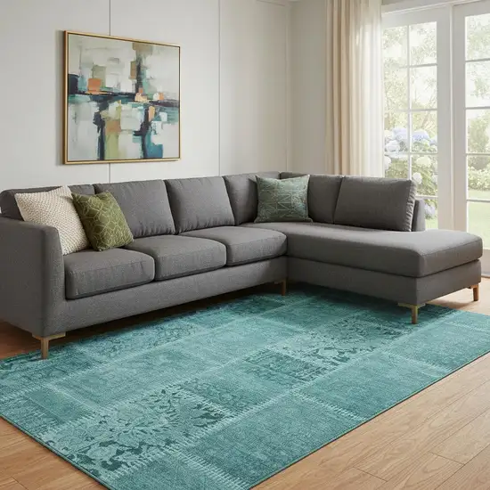 Turquoise And Aqua Patchwork Washable Area Rug With UV Protection Photo 1