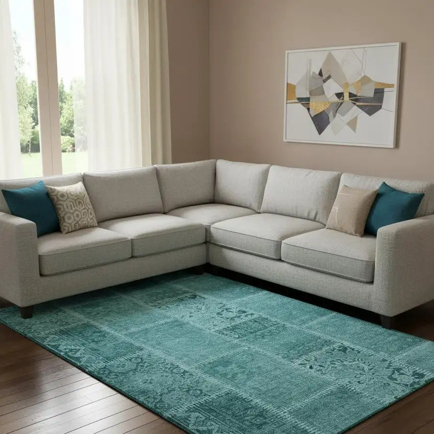 Turquoise And Aqua Patchwork Washable Area Rug With UV Protection Photo 1