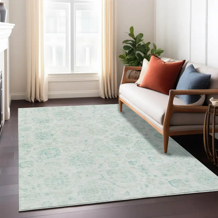 Turquoise And Beige Damask Washable Indoor Outdoor Area Rug Photo 7